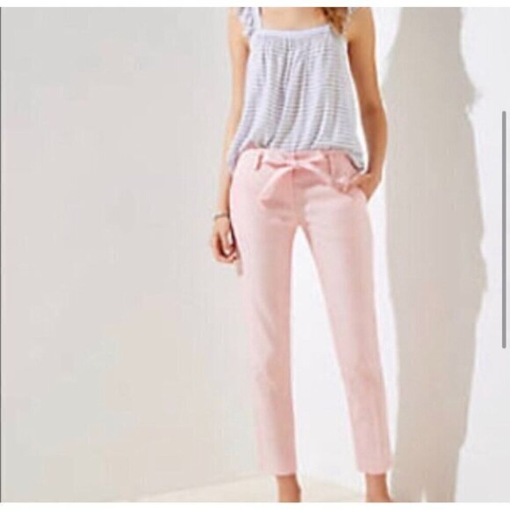 LOFT Linen Blend Tapered Leg Twill Pants Size 2 Waist Tie Peach Pink